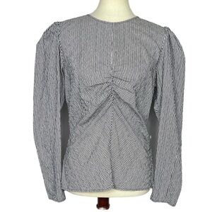 Zara Shirt Womens Large Black White Striped Blouse Ruched Gathered Chest Stretch